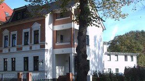 A two-story building with a brick facade, white trim, and a large tree in front.