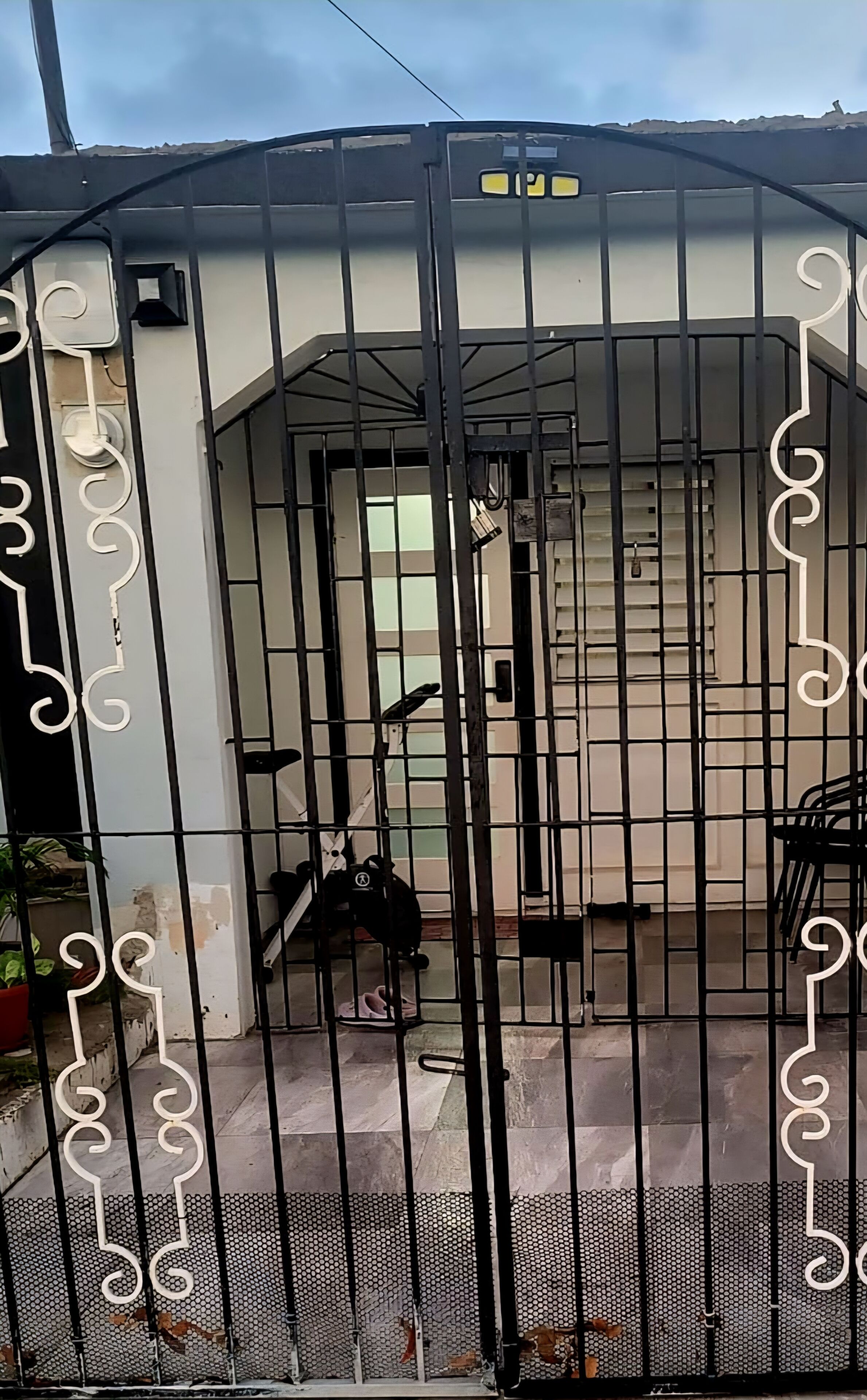 A gated entrance with a metal gate and decorative elements.