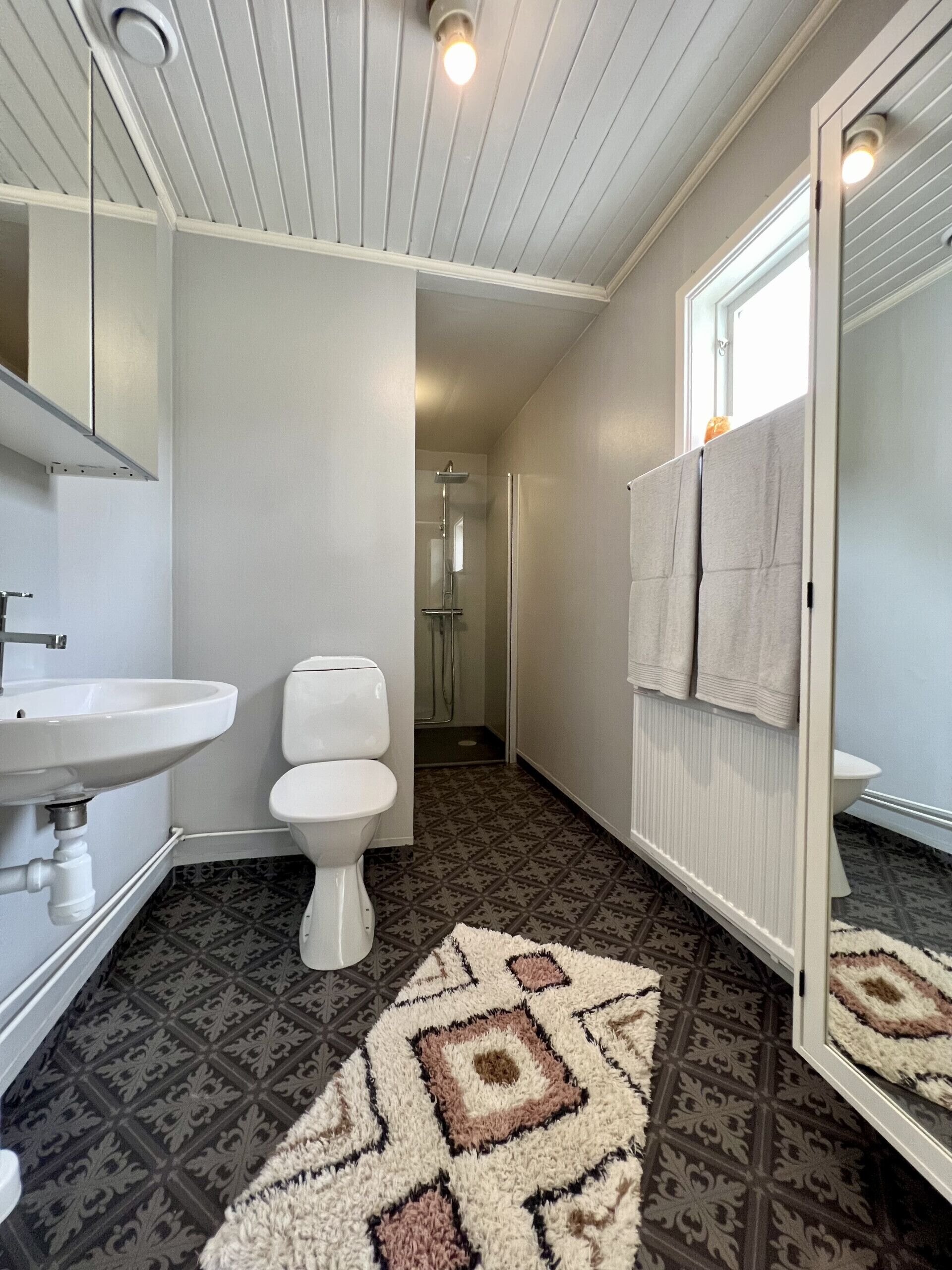 Un bagno con lavandino, WC e doccia bianchi. Sul pavimento, un tappeto decorato e uno specchio con asciugamani.