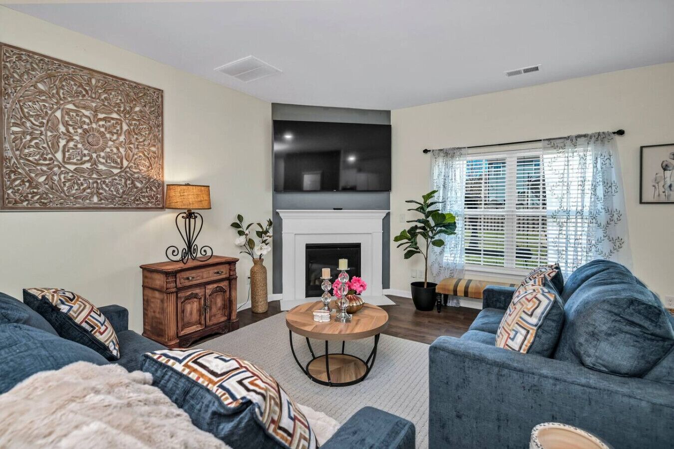 TV, fireplace