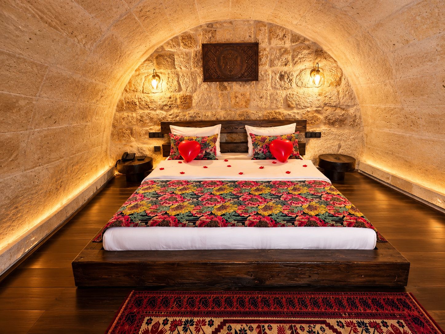 Un dormitorio con pared de piedra, una cama de madera y un cojín rojo en forma de corazón.