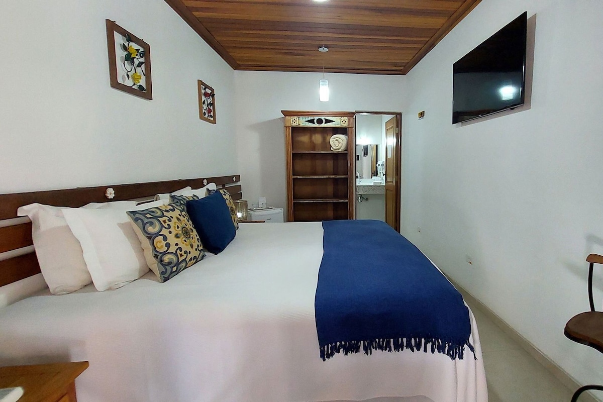 Une chambre à coucher avec un lit, une chaise, une télévision et une armoire.