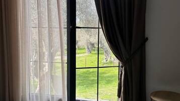 A room with a fur rug, a chair, and a view of a green outdoor area through a glass door.