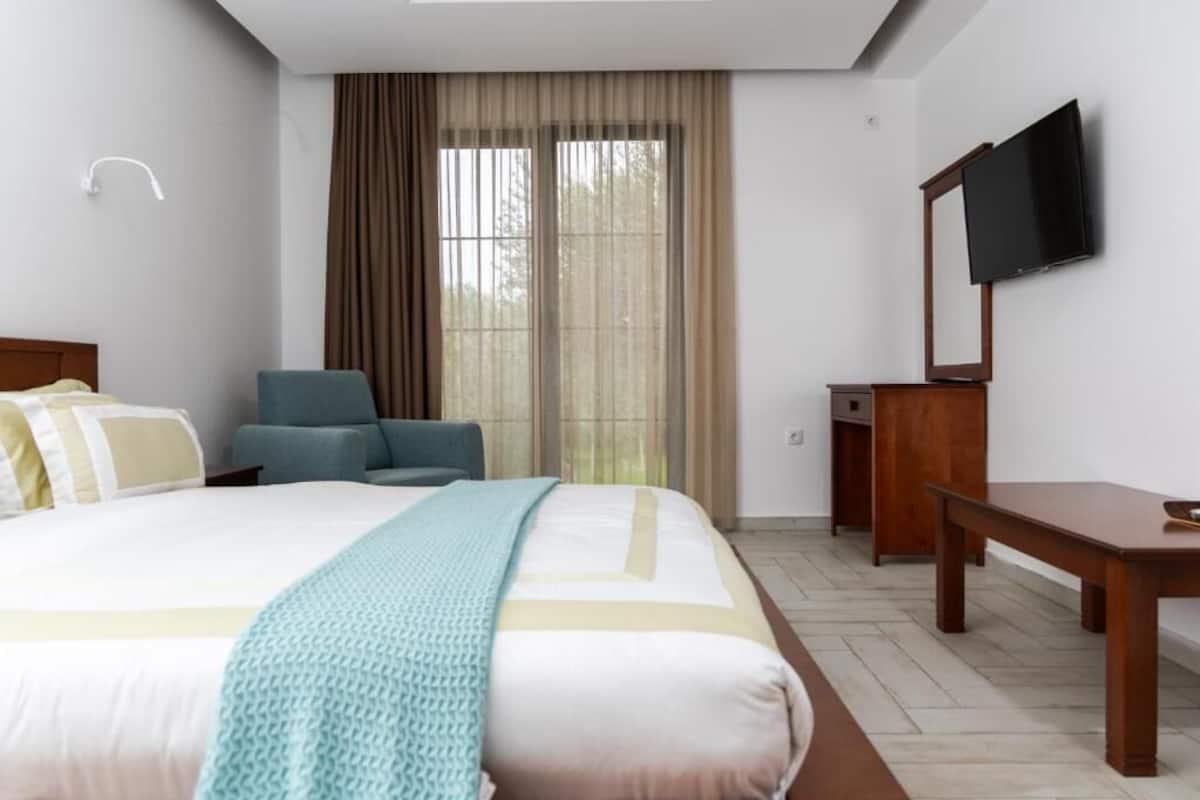 A hotel room with a bed, a chair, a desk, a television, and a window with curtains.