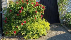 A building with a brick facade, a dark wooden door, and a garden with red flowers. - Room-self Check-in Sun Loft (Halmstad)