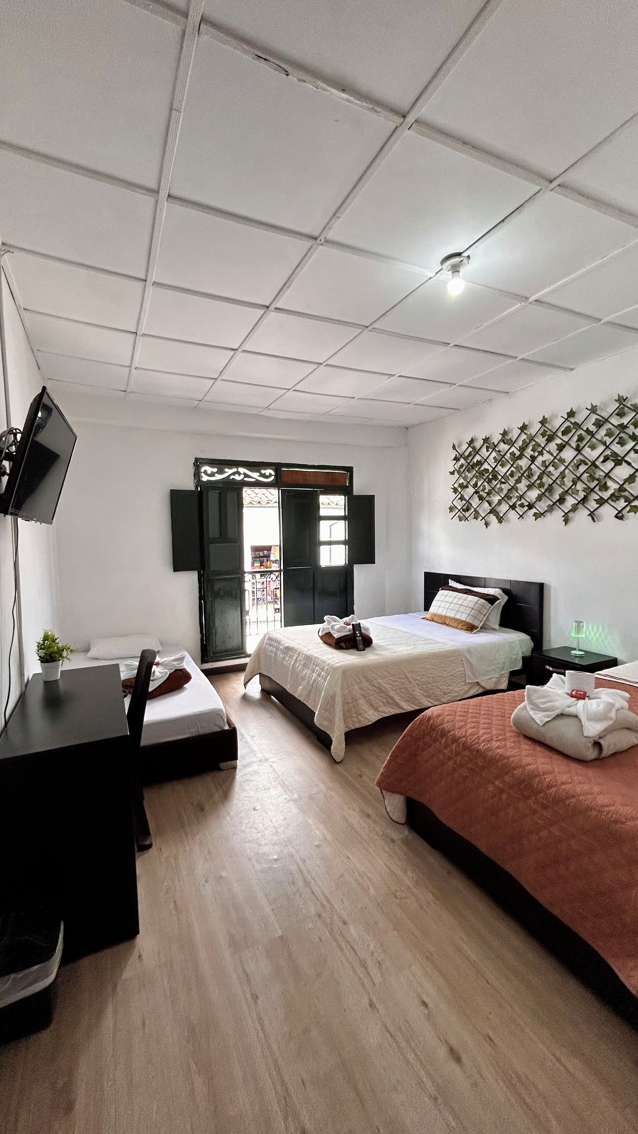 A hotel room with two beds, a desk, a TV, and a wall-mounted plant.