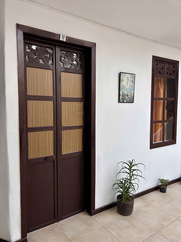 Un pasillo con puerta de madera y paneles de vidrio, un cuadro enmarcado en la pared y plantas en macetas.