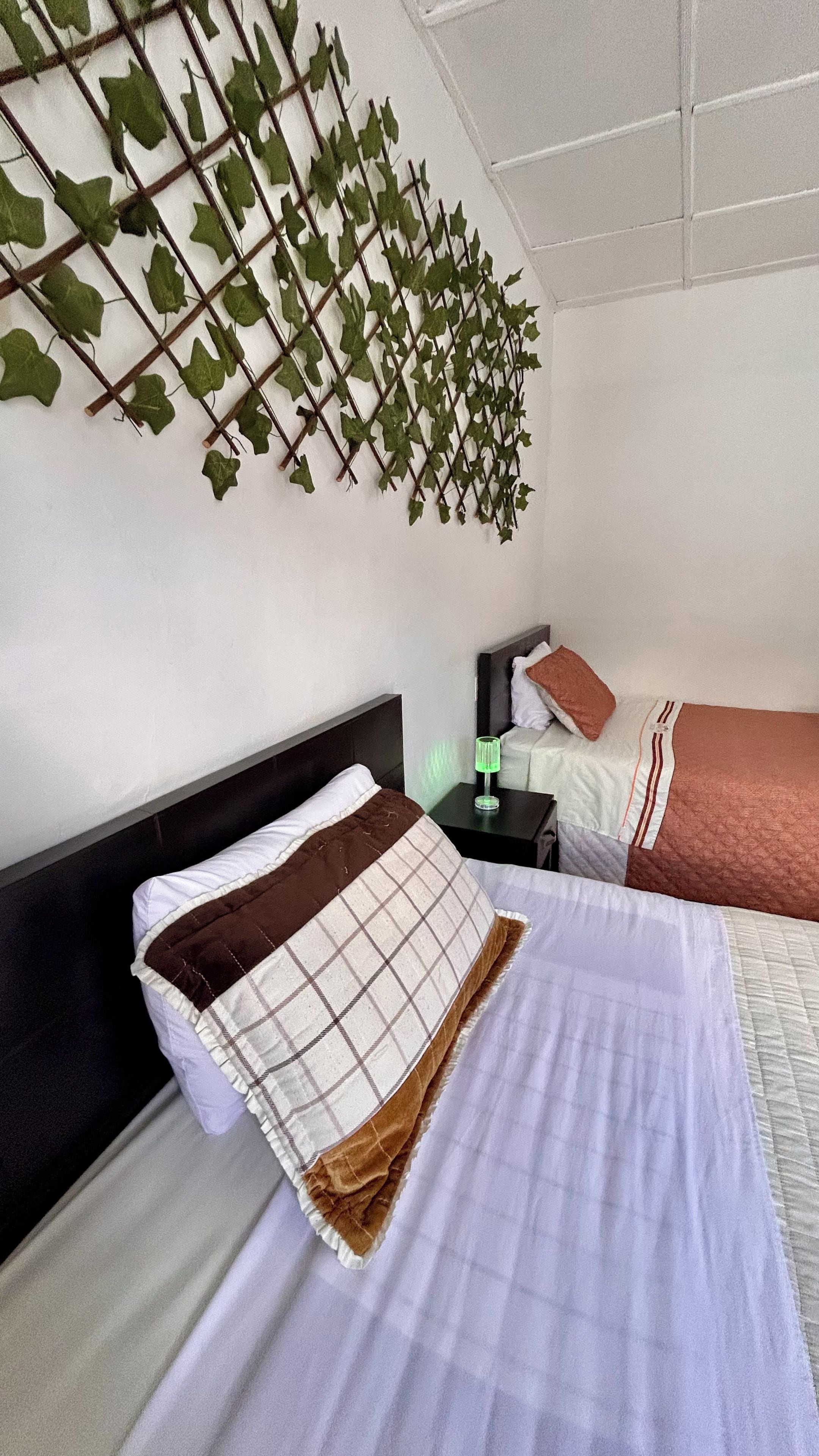 A hotel room with a bed, a nightstand, a lamp, and a wall-mounted plant.