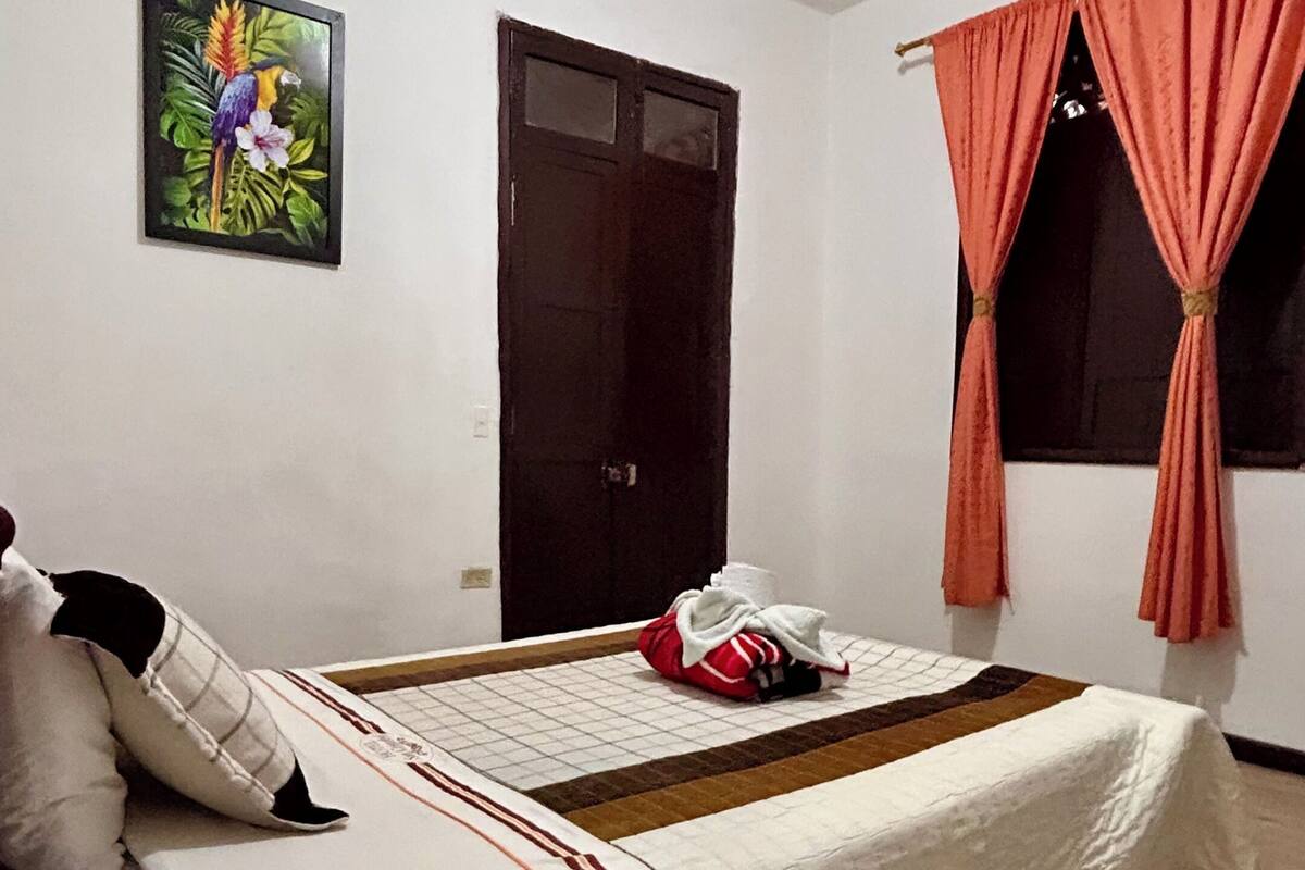 Un dormitorio con cama, sofá, un cuadro, una puerta y una ventana con cortinas.