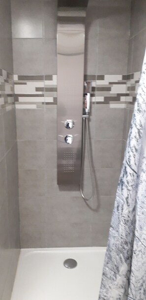 Shower, hair dryer, towels, toilet paper
