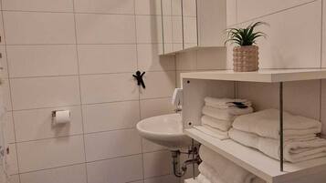 Shower, towels, toilet paper