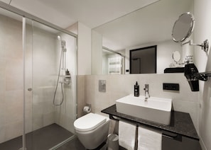 Shower, eco-friendly toiletries, hair dryer, towels