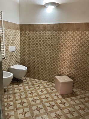 Douche, sĂšche-cheveux, bidet, serviettes fournies