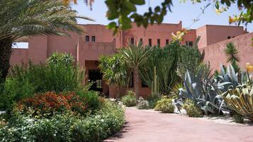 Une cour intérieure avec un chemin, entourée de différentes plantes et bordée d’un bâtiment doté d’un toit plat et de fenêtres.