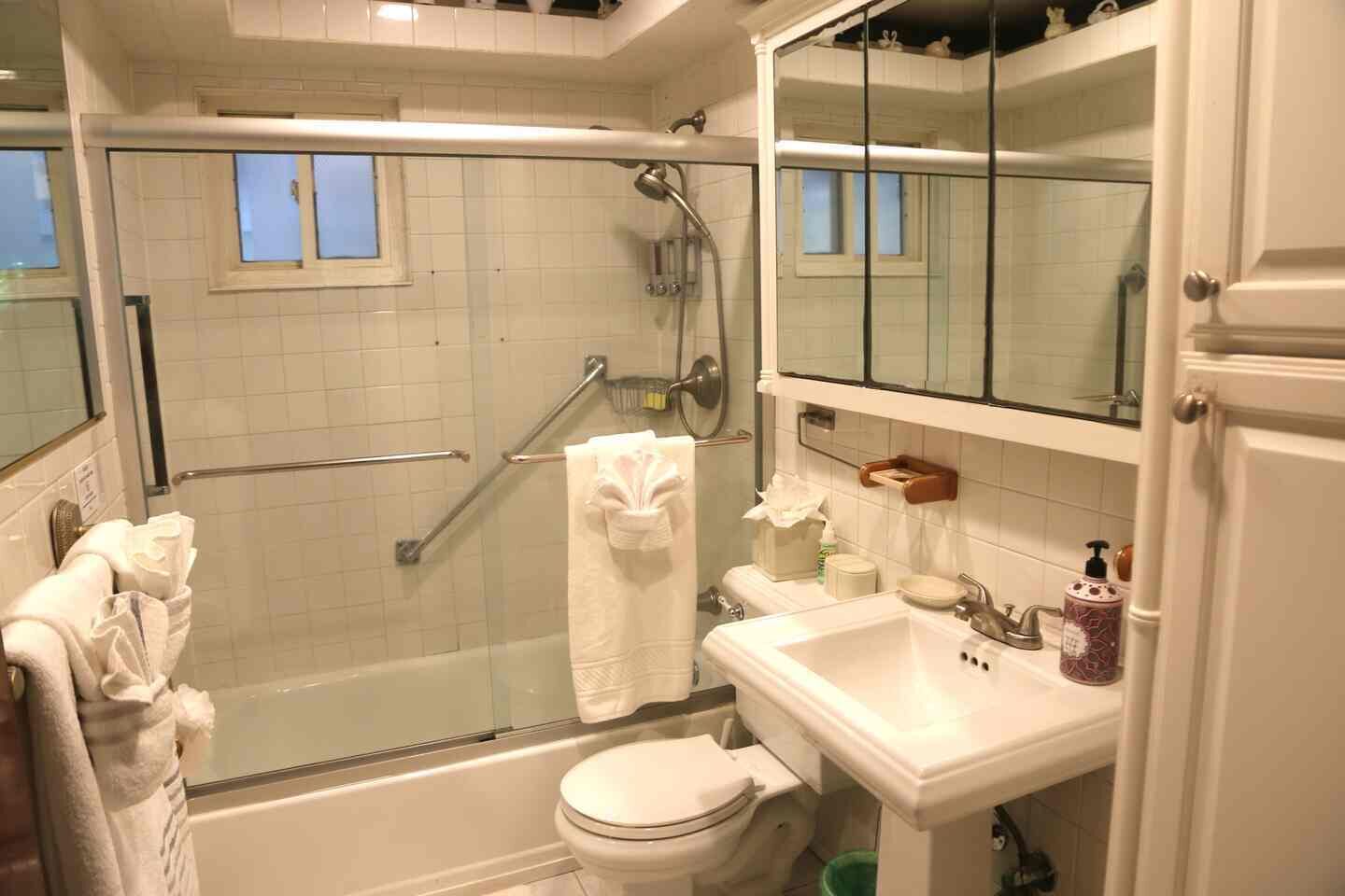 A bathroom with a glass-enclosed shower, a toilet, a sink, and a mirror.