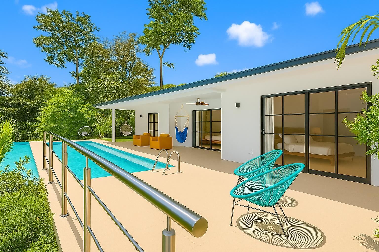 Ein modernes Haus mit Schwimmbad, Sitzgelegenheit im Freien und großen Fenstern.