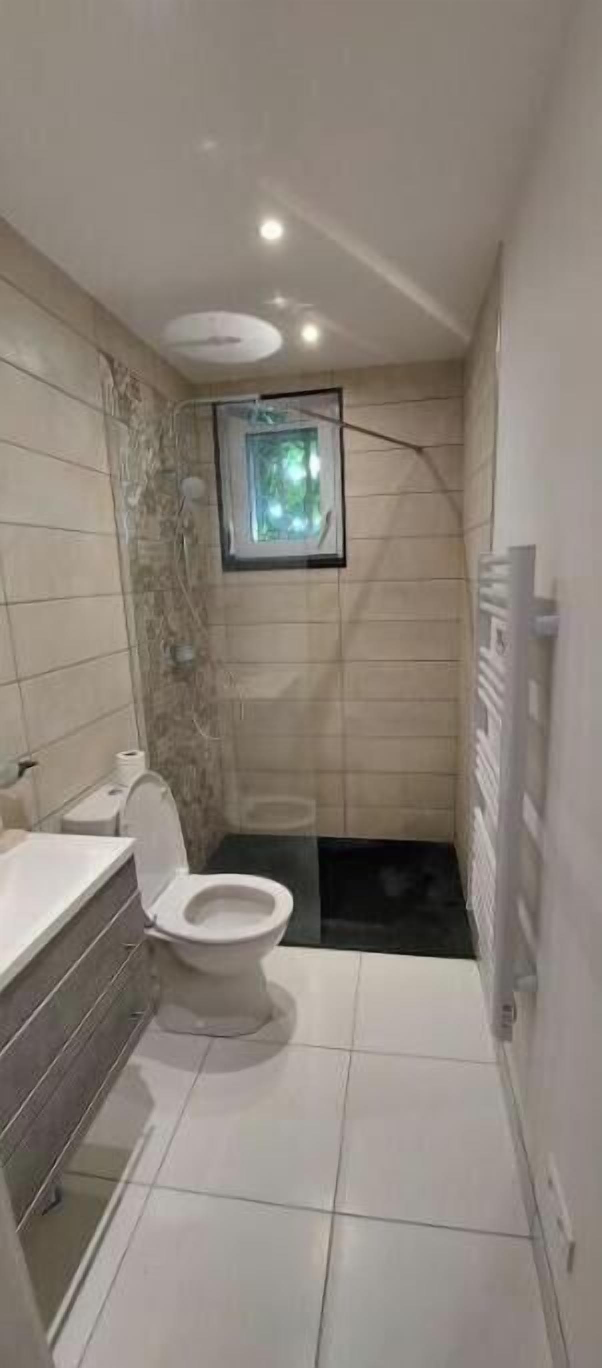 A modern bathroom with a toilet, shower, and a small window.