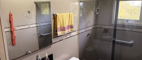 Secadora de cabello, toallas, papel de baño
