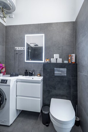 Dusche, Haartrockner, Handtücher, Seife