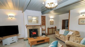 Ein Wohnzimmer mit Kamin, Fernseher und einer Couch.