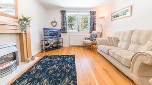 A living room with a fireplace, a television, a sofa, and a window with curtains. - Riverside View, 5 Elm Court, Elliott Park (Keswick)