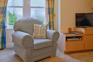 Un fauteuil gris avec un coussin à carreaux, un téléviseur posé sur un meuble en bois et une bibliothèque remplie de livres et équipée d’une télécommande.
