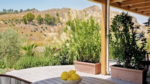 Eine überdachte Terrasse mit einem runden Holztisch, Blumentöpfen und Blick auf eine hügelige Landschaft.