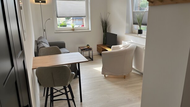 A modern kitchen with a dining area, a sofa, a TV, and a window with blinds. - Apartment for 2 People (25 m²) in Kreuzau (Kreuzau)