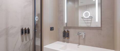 A modern bathroom with a glass shower enclosure, a white sink, and a large mirror.