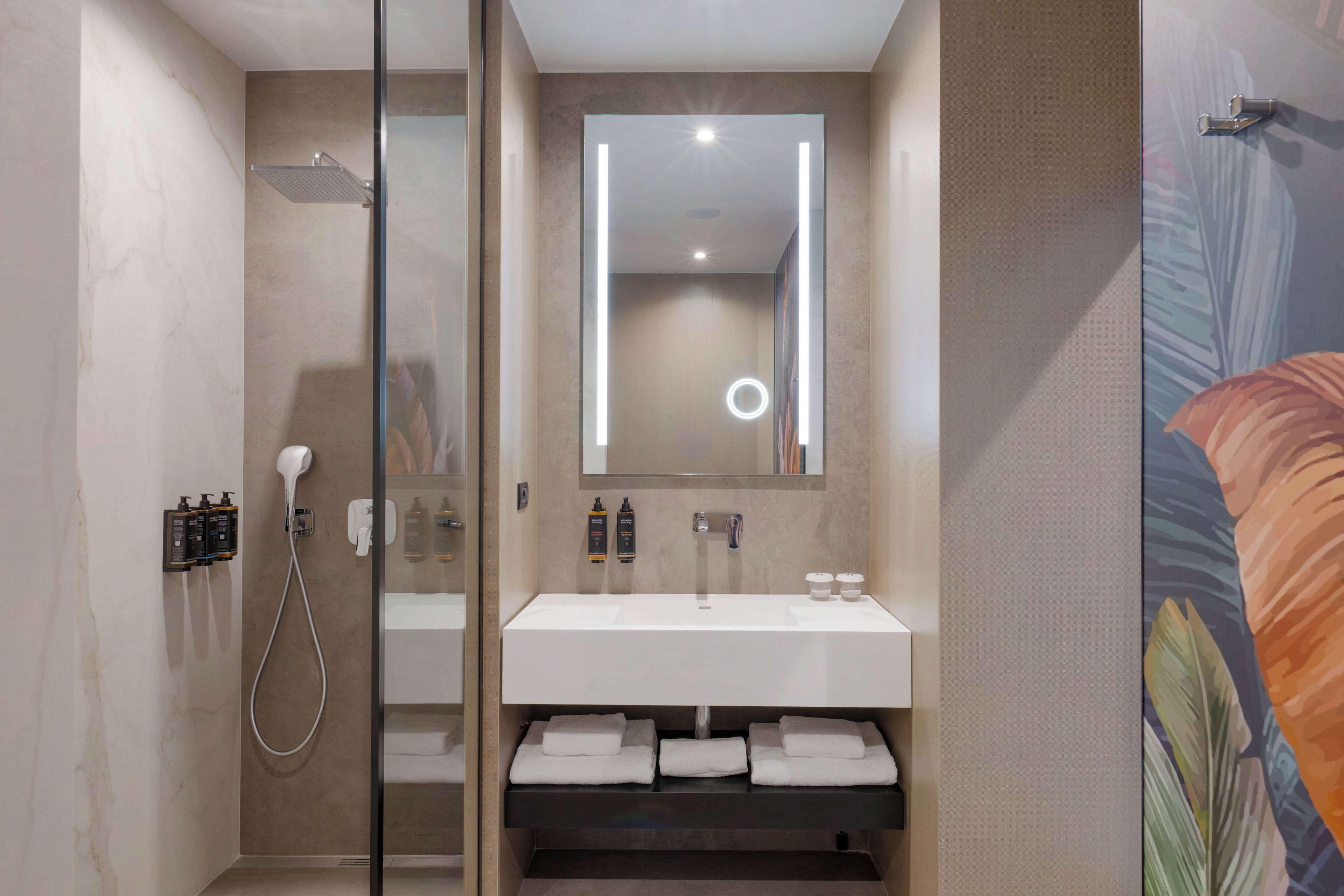 A modern bathroom with a glass shower enclosure, a white sink, and a large mirror.