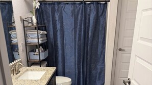 A bathroom with a toilet, sink, and a shower curtain with a celestial pattern. There are two gray rugs on the floor. - 3-bedroom house in beautiful Port Charlotte with cool vibes (Port Charlotte)
