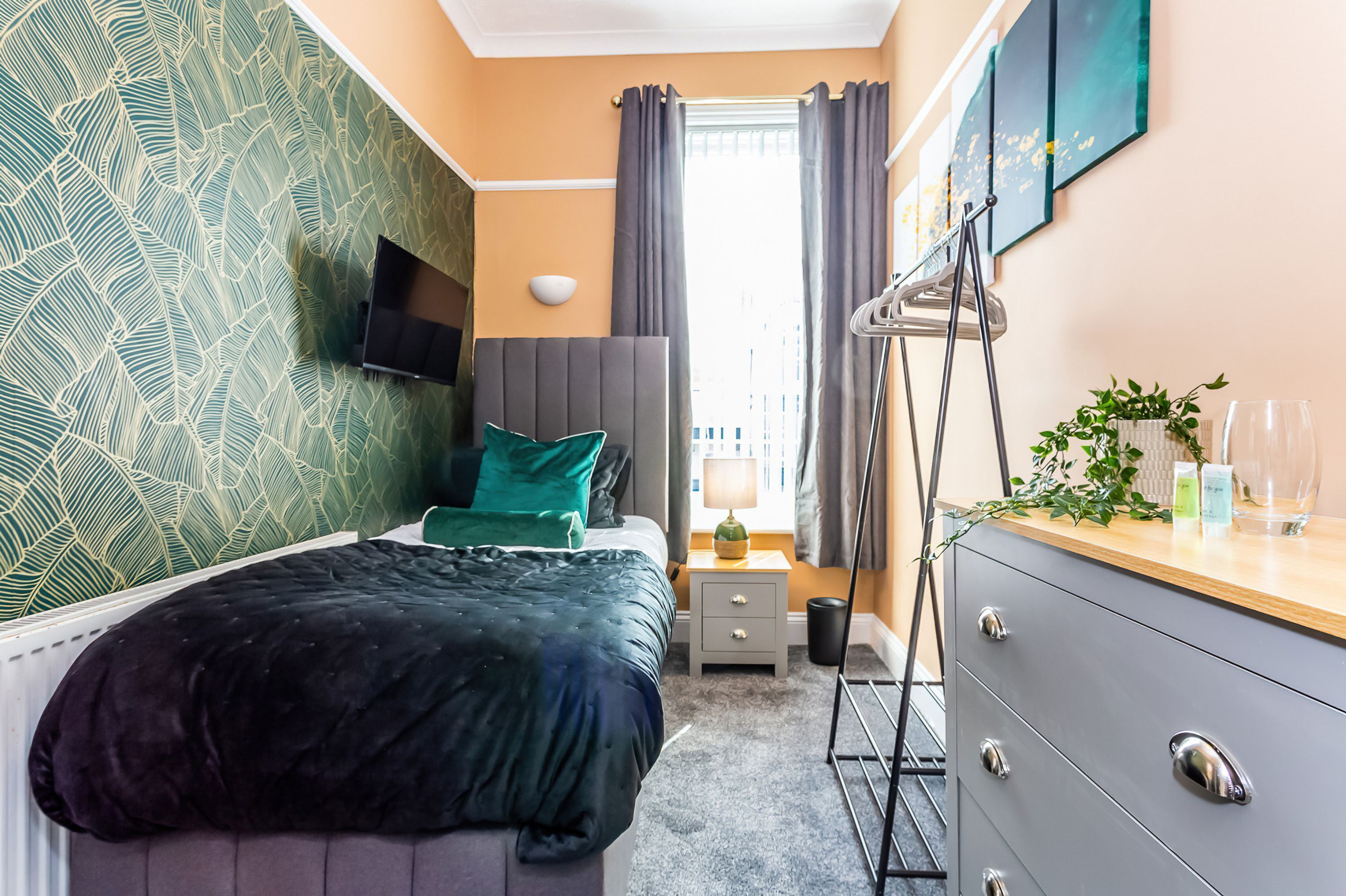 A bedroom with a bed, a nightstand, a dresser, a TV, a window with curtains, and a plant.