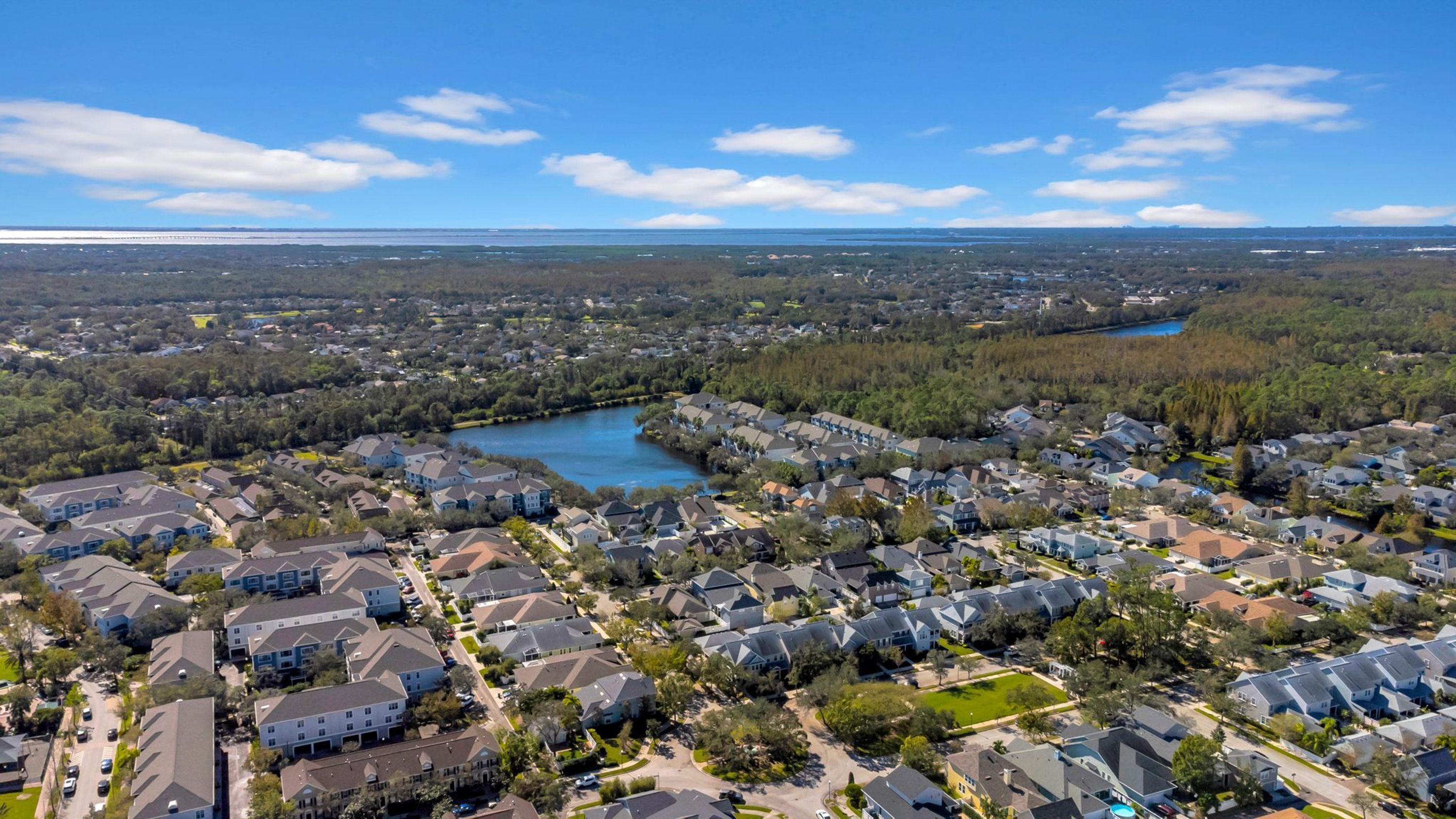 Vista aérea de una zona residencial con casas, un río y un puente a lo lejos.