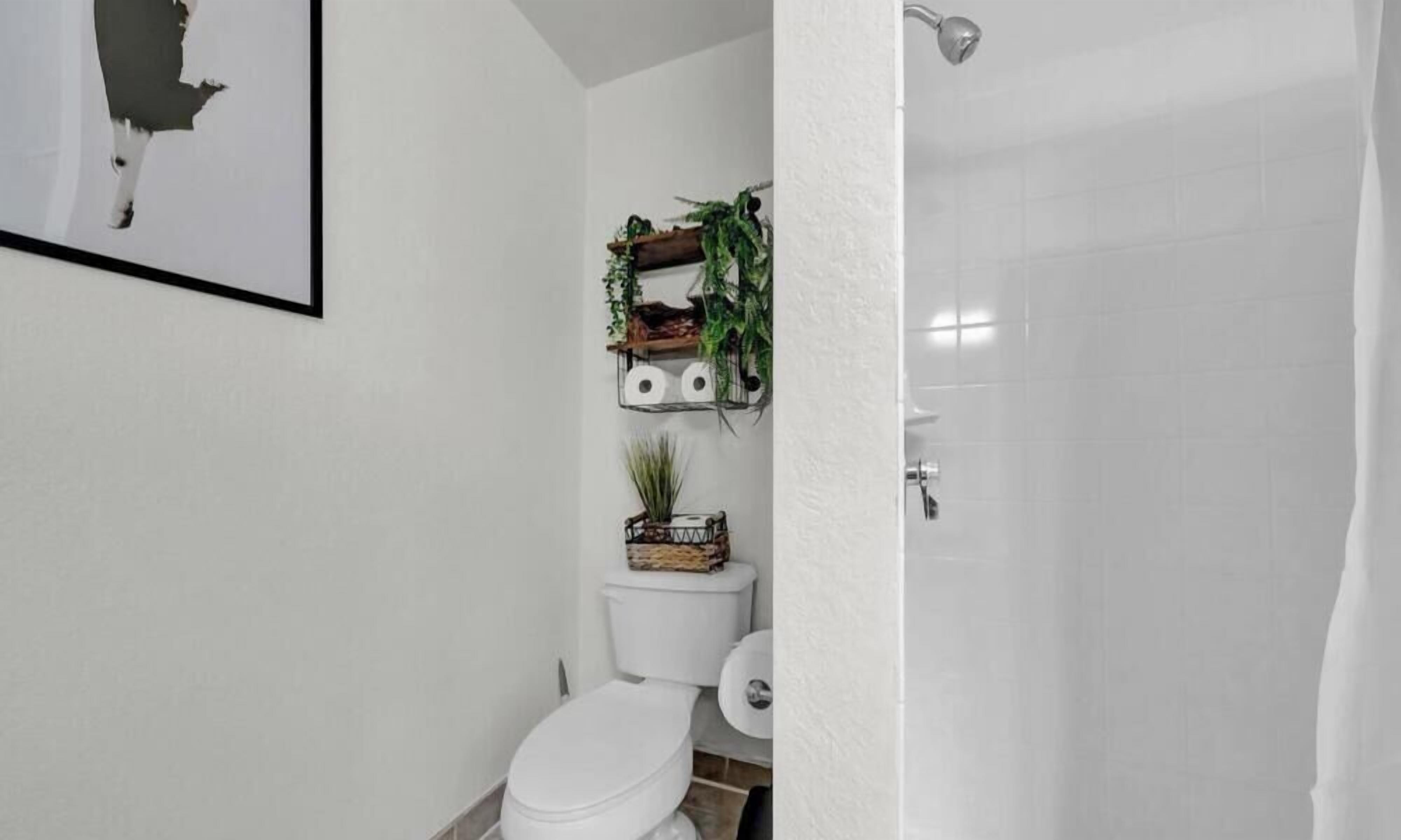 A bathroom with a toilet, a shower, and a wall-mounted shelf with plants.