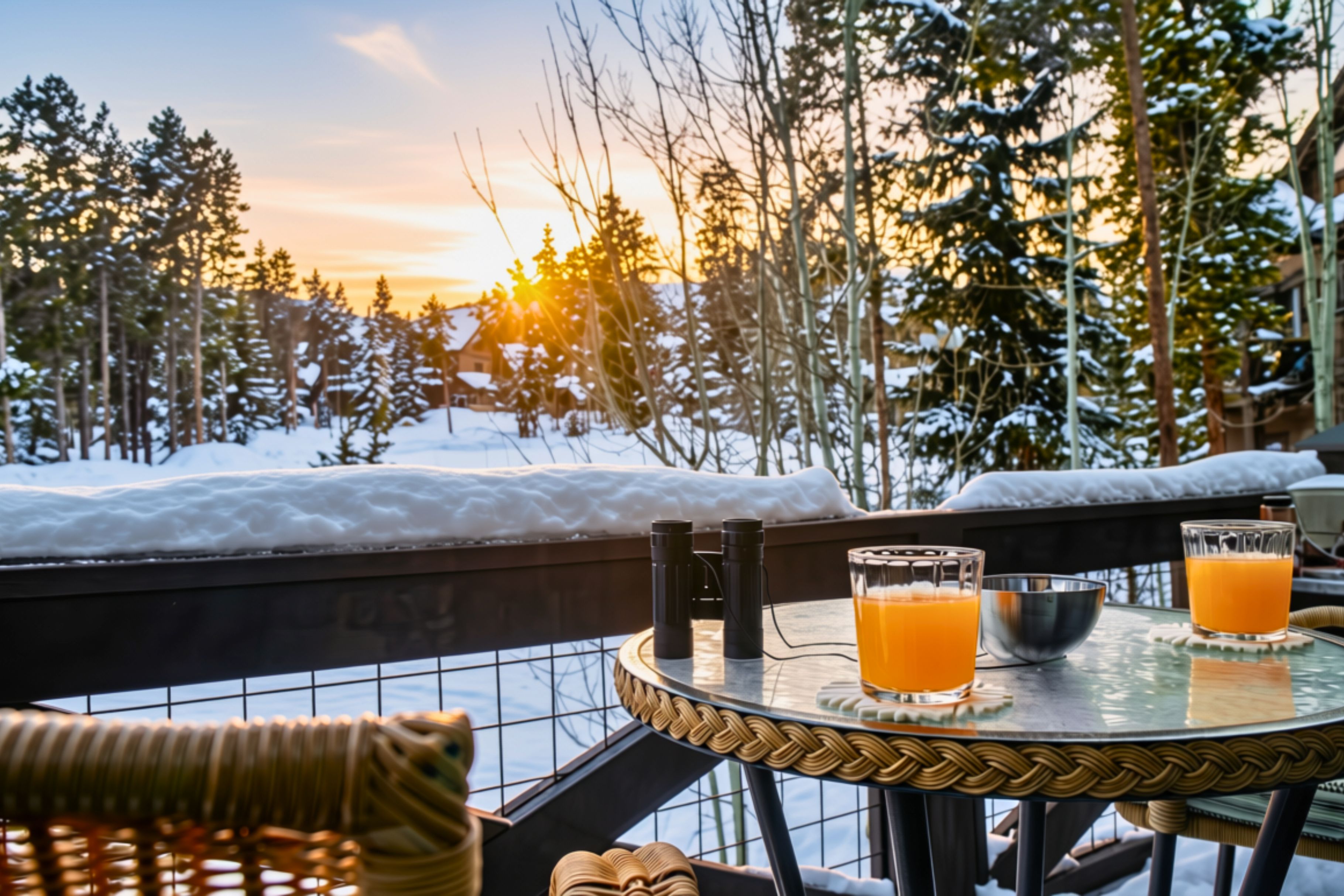 Una mesa redonda con dos vasos de jugo de naranja, un bol de metal y un par de prismáticos en un balcón con vistas a un paisaje nevado con árboles y un atardecer.