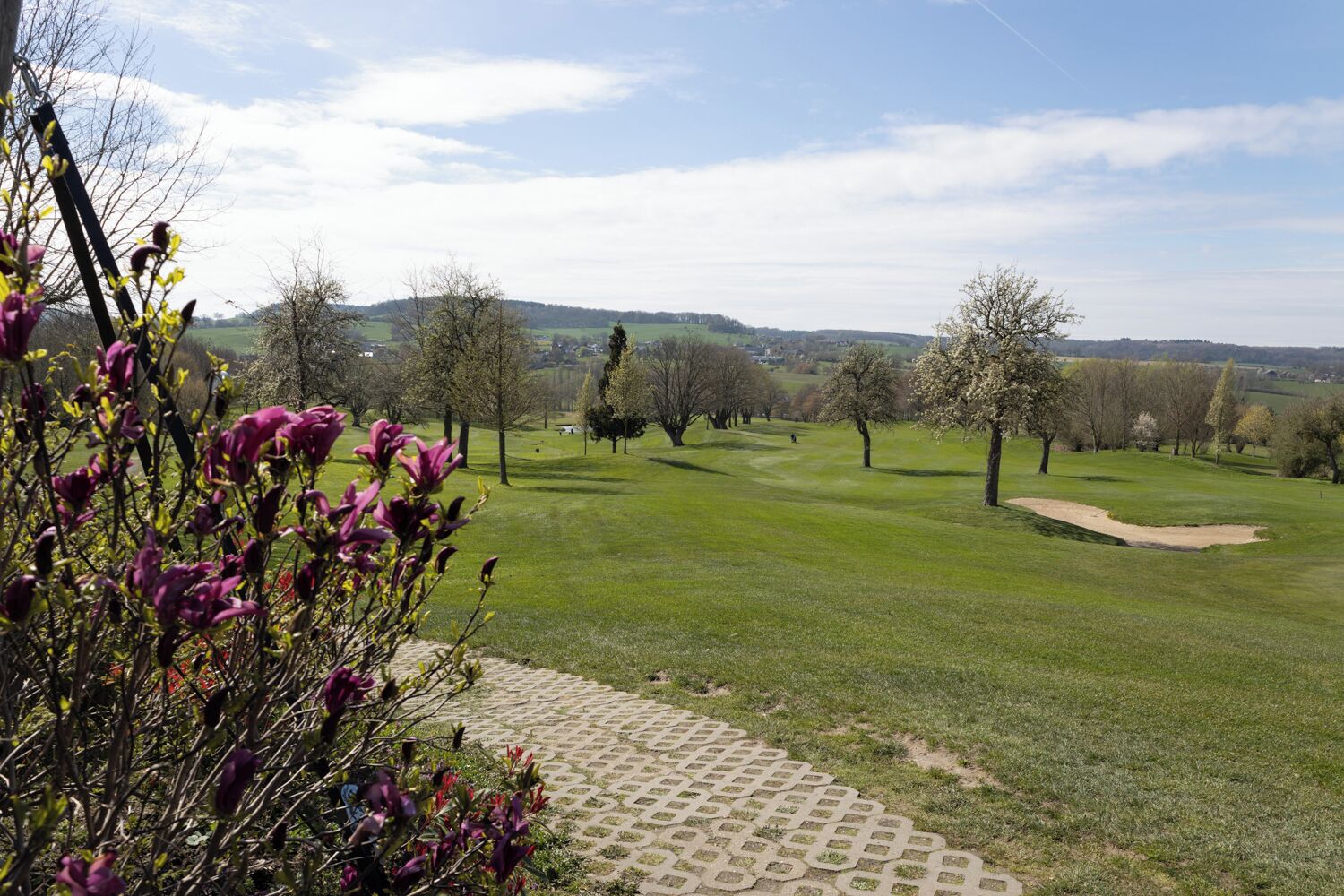 Un parcours de golf avec un ciel dégagé, des arbres et une vue lointaine sur une ville.