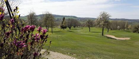 Un parcours de golf avec un ciel dégagé, des arbres et une vue lointaine sur une ville.