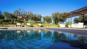 Ein klares Schwimmbecken mit Liegestühlen und einer Pergola in einem angelegten Außenbereich.