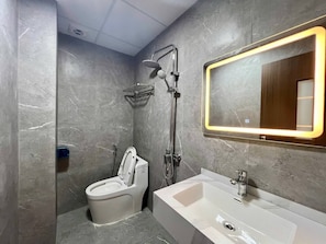 Regadera, tina de hidromasaje, secadora de cabello, bidet 