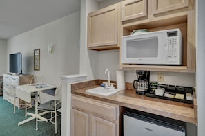 Fridge, microwave, coffee/tea maker