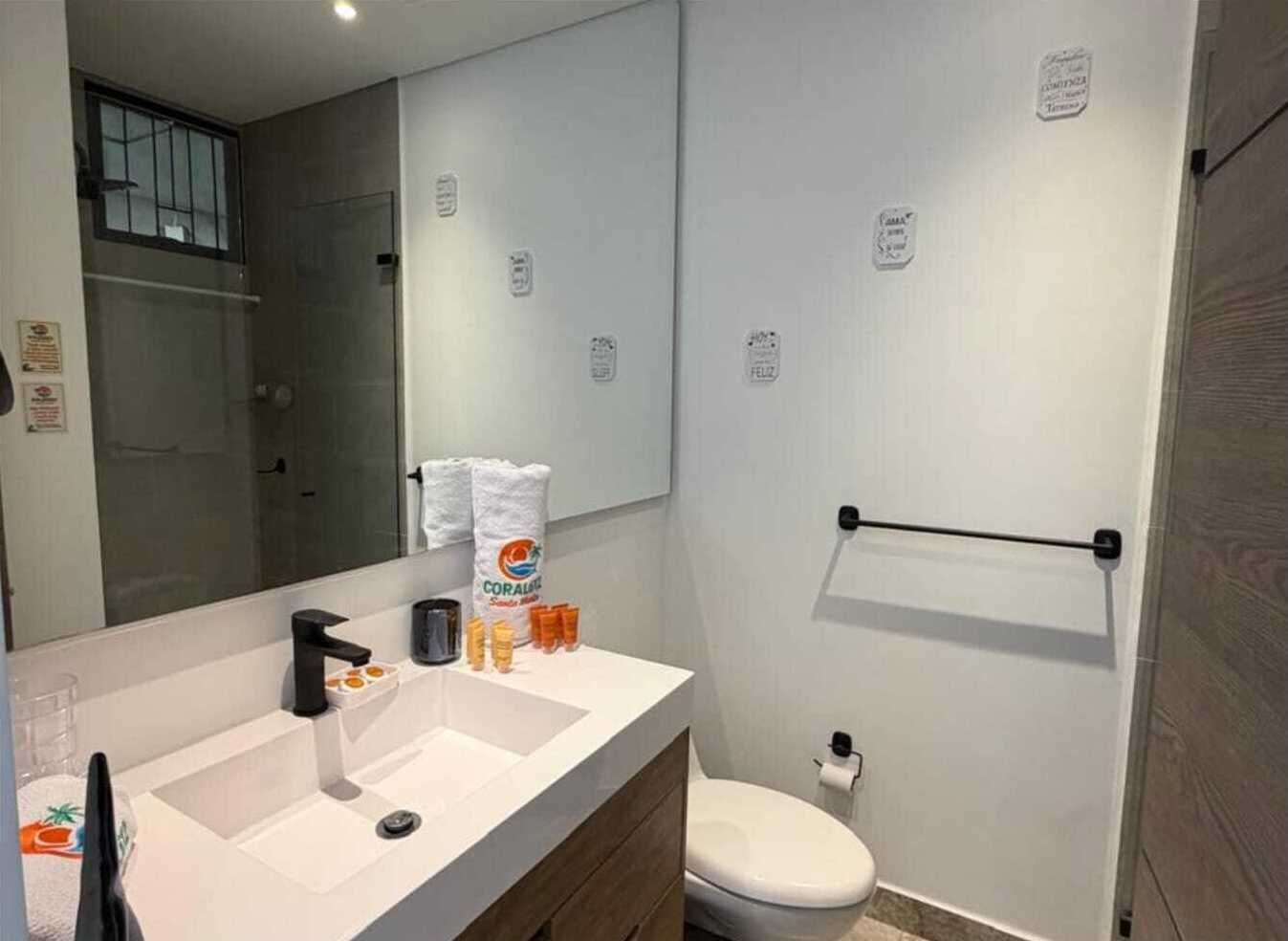 Shower, towels, soap, toilet paper