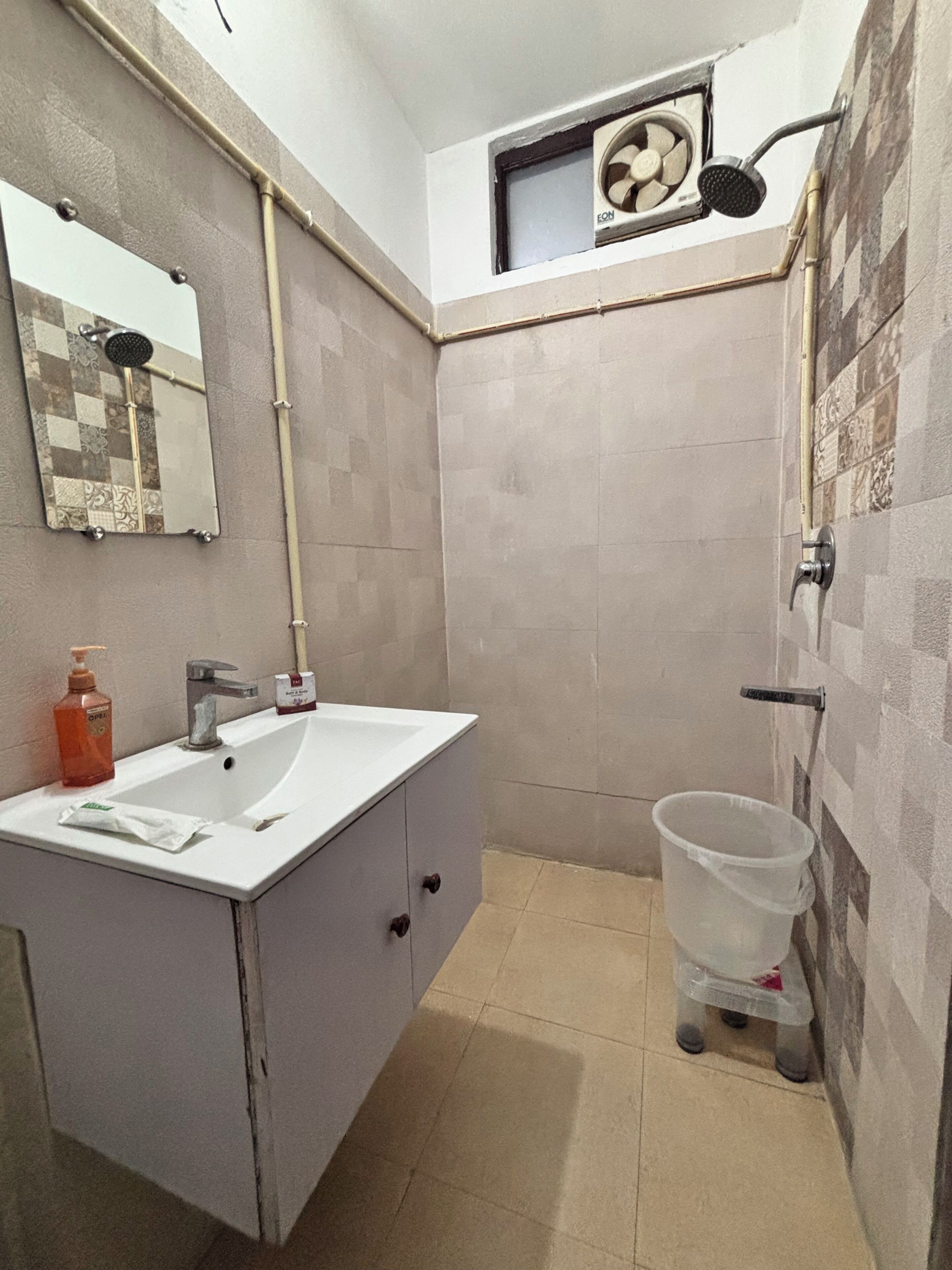 Shower, bidet, towels, soap