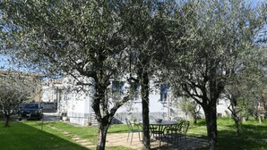 Un espacio al aire libre con césped, árboles, una mesa y sillas, y un edificio al fondo.