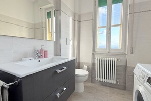Un bagno moderno con un lavandino spazioso, un water, un termosifone e una lavatrice.