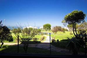 A fenced outdoor area with a pathway, trees, and a distant view of buildings.