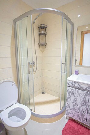 Douche, sèche-cheveux, serviettes fournies, savon