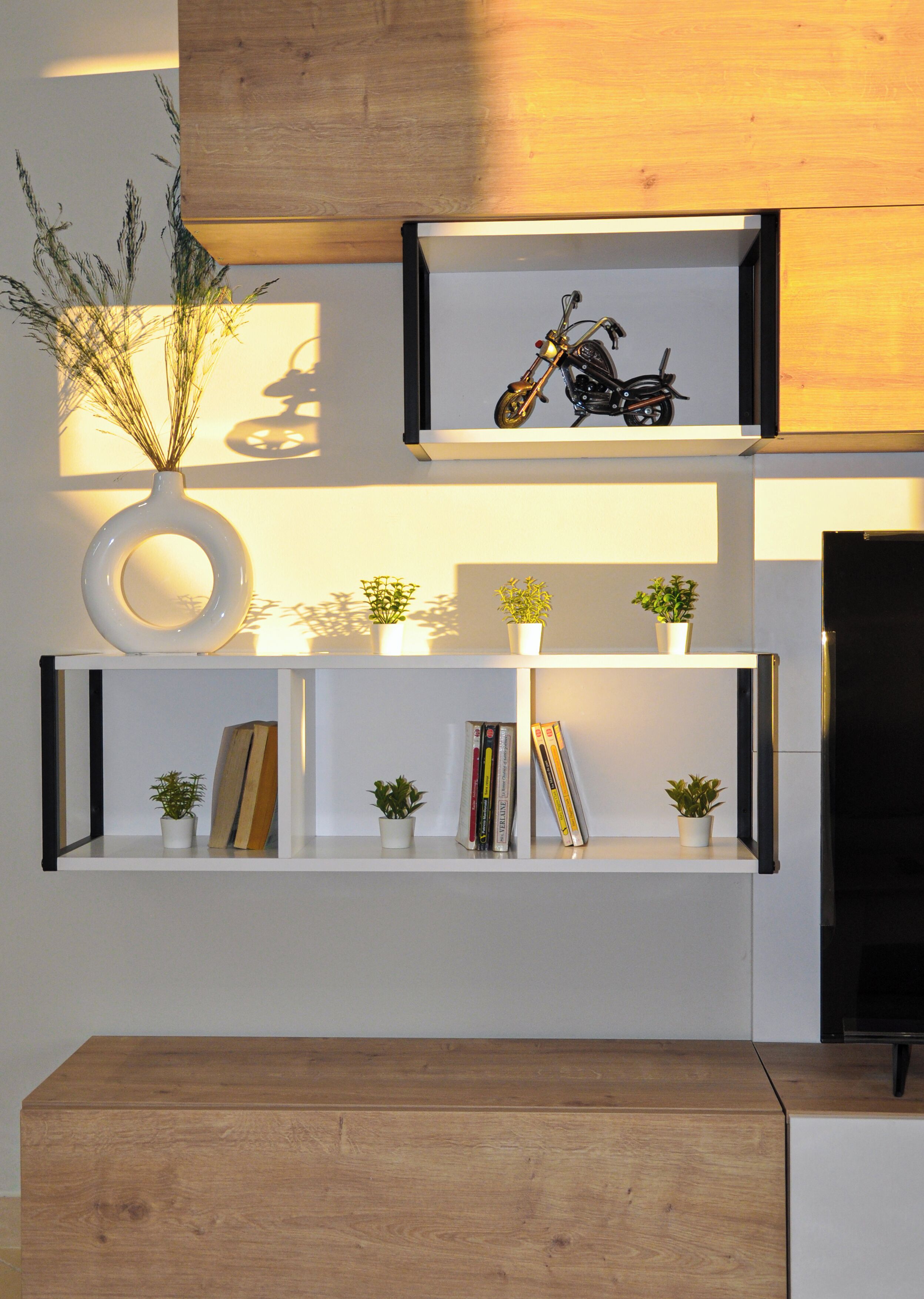 Une étagère murale avec une moto, des plantes en pot et des livres.