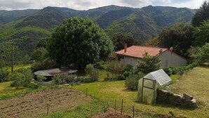 Une maison de campagne avec un toit rouge, entourée d’une végétation luxuriante et avec des montagnes en arrière-plan.