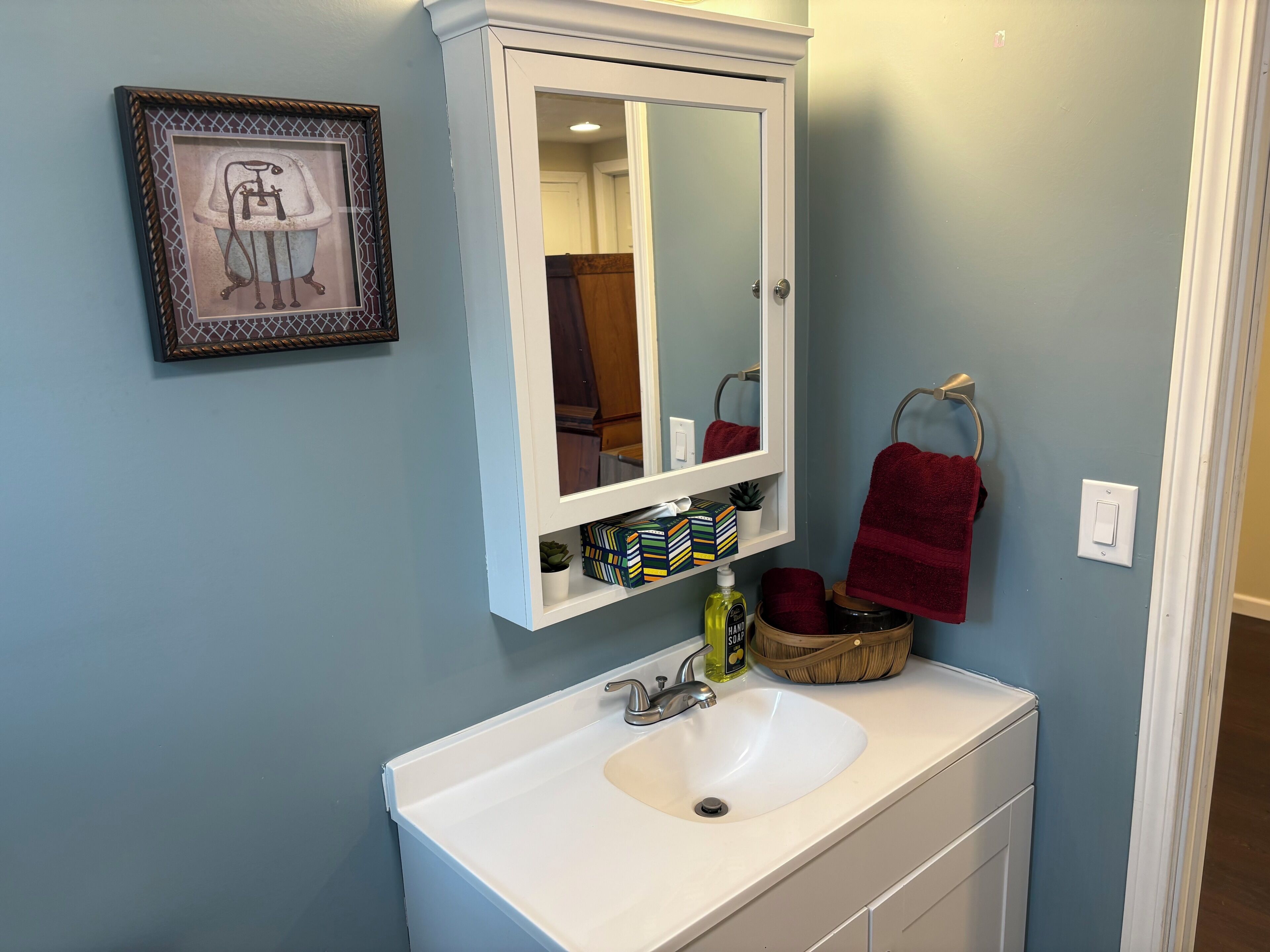 Hair dryer, towels, soap, shampoo