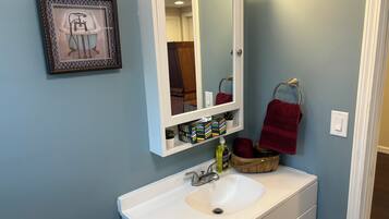Hair dryer, towels, soap, shampoo